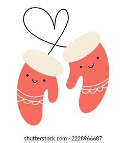 Vector illustration couple of warm knitted happy smilling red mittens design. Pair of cute patterned elements for winter design. Comfort and warm concept. Doodle minimalism style.