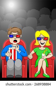 vector illustration of a couple is watching a 3D movie in a cinema