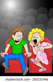 vector illustration of a couple is watching a horror movie movie in a cinema