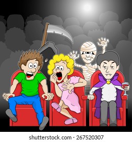 vector illustration of a couple is watching a horror movie movie in a cinema