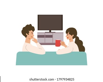 Vector illustration of a couple watching the TV. Man and woman have a relaxing day off. Stay at home concept.