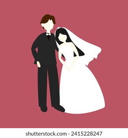 Vector illustration couple wedding doll on pink background The groom wears a black suit with the bride wearing a white dress.
