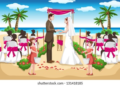 A vector illustration of a couple wedding on the beach