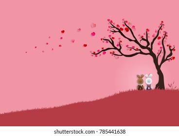 Vector illustration of couple white and brown rabbit sitting on red grass under tree of love on pink background for valentine festival.
