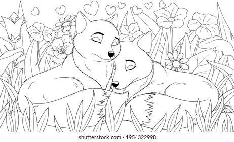 Vector illustration, a couple of wild foxes in love is sleeping in a meadow among flowers, coloring book