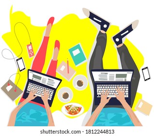 vector illustration of couple working with laptop. the concept of working comfortable from home