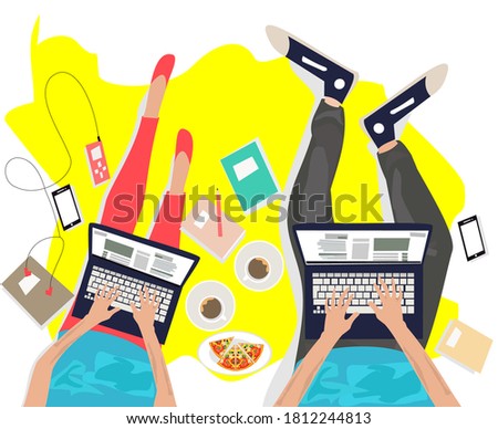 vector illustration of couple working with laptop. the concept of working comfortable from home