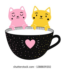 Vector illustration with couple of yellow and pink cats with cup. Cute apparel print design, romantic greeting card with animals