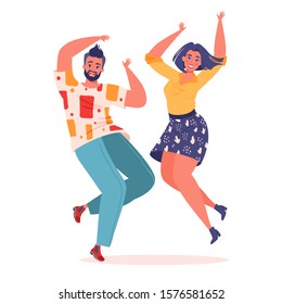 Vector illustration with couple of young joyful laughing people jumping and dancing with raised hands isolated on white background. Happy flat cartoon style man and woman rejoicing together. 