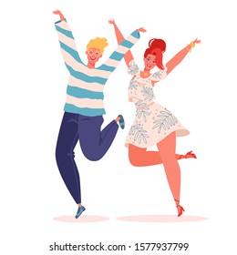 Vector illustration with couple of young joyful laughing people jumping with raised hands isolated on white background. Happy flat cartoon style man and woman rejoicing together. Friendship concept.