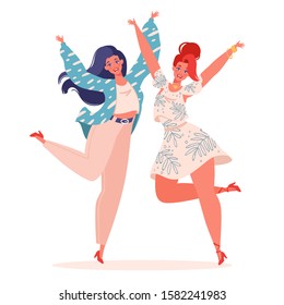 Vector illustration with couple of young joyful laughing people jumping with raised hands isolated on white background. Happy flat cartoon style women rejoicing together.Friendship, sisterhood concept