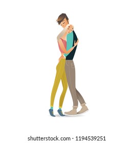 Vector illustration of couple of young man and woman hugging each other with love and tenderness in cartoon style isolated on white background - happy embracing family concept.