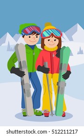 Vector illustration of couple of young people man and woman in a flat design on mountain background.