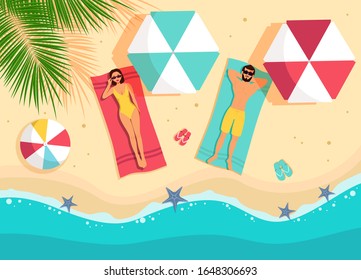 Vector illustration couple young woman and man lying down sunbathe on the beach top view. Summer holiday vacation and leisure