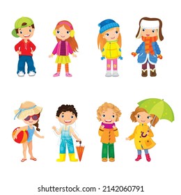 Vector illustration of couples of children who are dressed for different seasons of the year