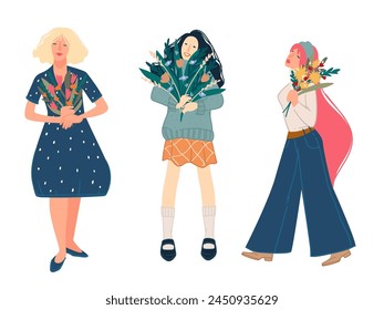 Vector illustration of couples and family with pets and child, heartwarming style.