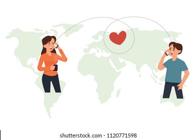 Vector Illustration Of Couples Have Long Distance Relationship. Boy And Girl Make A Phone Call Together