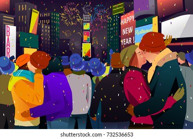 A vector illustration of Couples Kissing During New Year Celebration