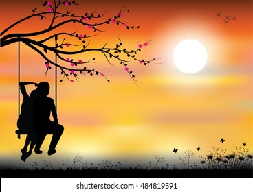 Vector illustration ,Couples player swings at sunset.