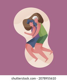 Vector illustration couples sleeping, cuddling and hugging  isolated on room background. Happy cuddle up day