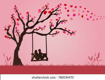 vector illustration of couples are swinging under Love tree with paper art style for valentine festival.