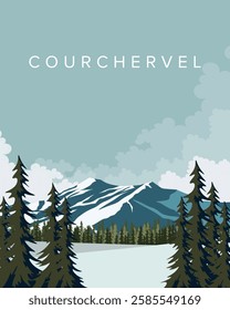 Vector illustration. Courchevel. Travel poster, banner, postcard, cover. Modern design. Tourism.