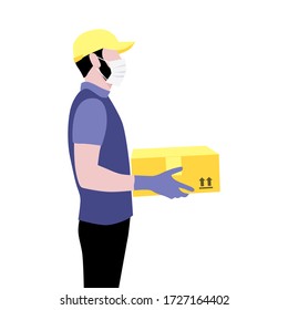 Vector illustration of courier with beard in protective gloves, mask and cap with package.  Delivering the parcel or box concept. Online shopping order