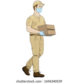 Imagen vectorial de la mensajería con la caja en sus manos aislada en fondo blanco. Hombre de parto con máscara de seguridad para respirar y guantes médicos durante la cuarentena del coronavirus