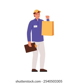Vektorgrafik des Kurierjungen. Cartoon-Szene eines Mannes in einem blauen Hemd gekleidet, graue Hose, eine gelbe Mütze, hält einen Ordner, ein Tablet, ein Paket einzeln auf weißem Hintergrund. Lieferung von Waren.
