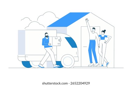Vector illustration of a courier delivering a package from a truck to a couple waiting at their home door. Concept of delivery service, shipment, customer, and fast transport. Modern logistic