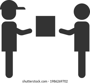 Ilustración vectorial de un mensajero que entrega un paquete a un cliente. Recibir un paquete de un mensajero a un cliente. Diseño de símbolos de icono web.