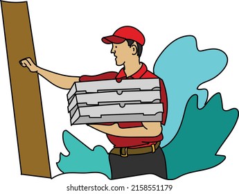 A vector illustration of a courier delivering pizzas