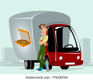 Vector illustration of a courier delivering the pizzas