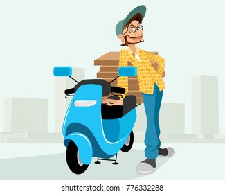 Vector illustration of a courier delivering the pizzas