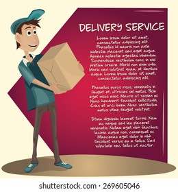 Vector Illustration of Courier delivery services carrying heavy parcel on purple background