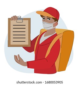 Vector illustration of courier during a pandemic. Shipping during quarantine. Online shipping. 