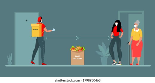 Vector illustration with a courier. A guy brings a bag of food to an elderly woman and a girl. The concept of door-to-door delivery during an epidemic disease. Isolated on a white background.