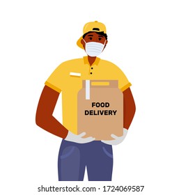 Vector illustration with a courier. Guy in a protective mask and gloves. The concept of delivery during an epidemic disease. Isolated on a white background.