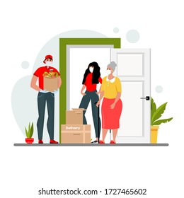 Vector illustration with a courier. A guy in a protective mask and gloves brings the package. The concept of door delivery during an epidemic disease. Isolated on a white background.