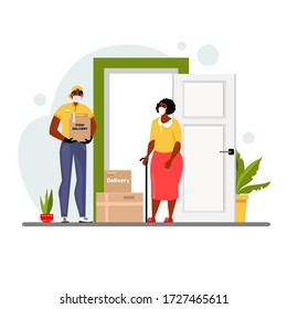 Vector illustration with a courier. A guy in a protective mask and gloves brings a package to an elderly woman. The concept of door delivery during an epidemic disease. Isolated on a white background.