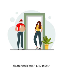 Vector illustration with a courier. A guy in a protective mask and gloves brings the package to the girl. The concept of door delivery during an epidemic disease. Isolated on a white background.