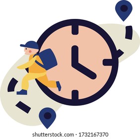 Vector illustration. The courier hurries to deliver the package on time. Fast home delivery from point A to point B.Clock icon on background.