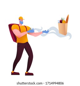 Vector illustration of courier  in medical mask  and gloves with  flying food bag isolated at white background. Concept of contactless delivery during quarantine due to coronavirus/covid-19.