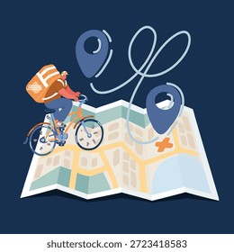 Ilustración vectorial del mensajero en la bicicleta que entrega comida en la ciudad. Hombre andar en bicicleta por la ciudad. Anclar ubicación en el mapa de papel