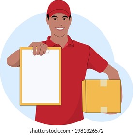 Vector illustration of a courier with a parcel and an order form.