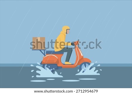 Vector illustration a courier rides a scooter through heavy rain, splashing water as he delivers a package despite the bad weather.