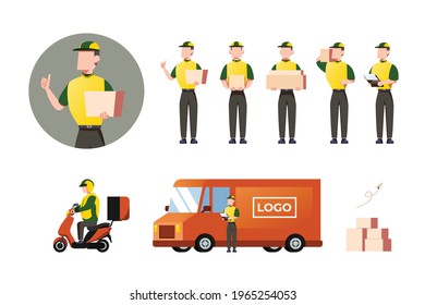 Vektorgrafik des Kuriers in einem Set, Liefermann liefern ein Paket an den Kunden mit gutem Zeugnis, illustriert in flachem Design Stil