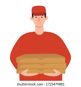 Vector illustration of a courier with a set of pizza boxes. Cartoon drawing delivery man with pizza isolated on white background.