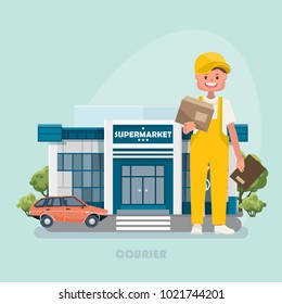 Vector illustration with courier and supermarket