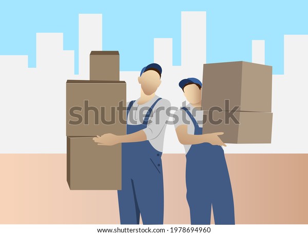 Vector\
illustration of couriers delivering parcels to customers. Parcel\
delivery service. Web icon symbol\
design.